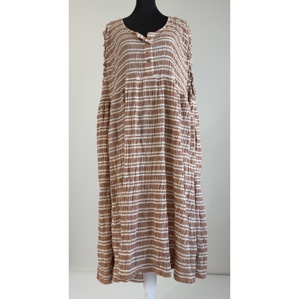 Free People Mighty Fine Midi Dress Oversized XS Tan Cream Stripe Cotton Boho